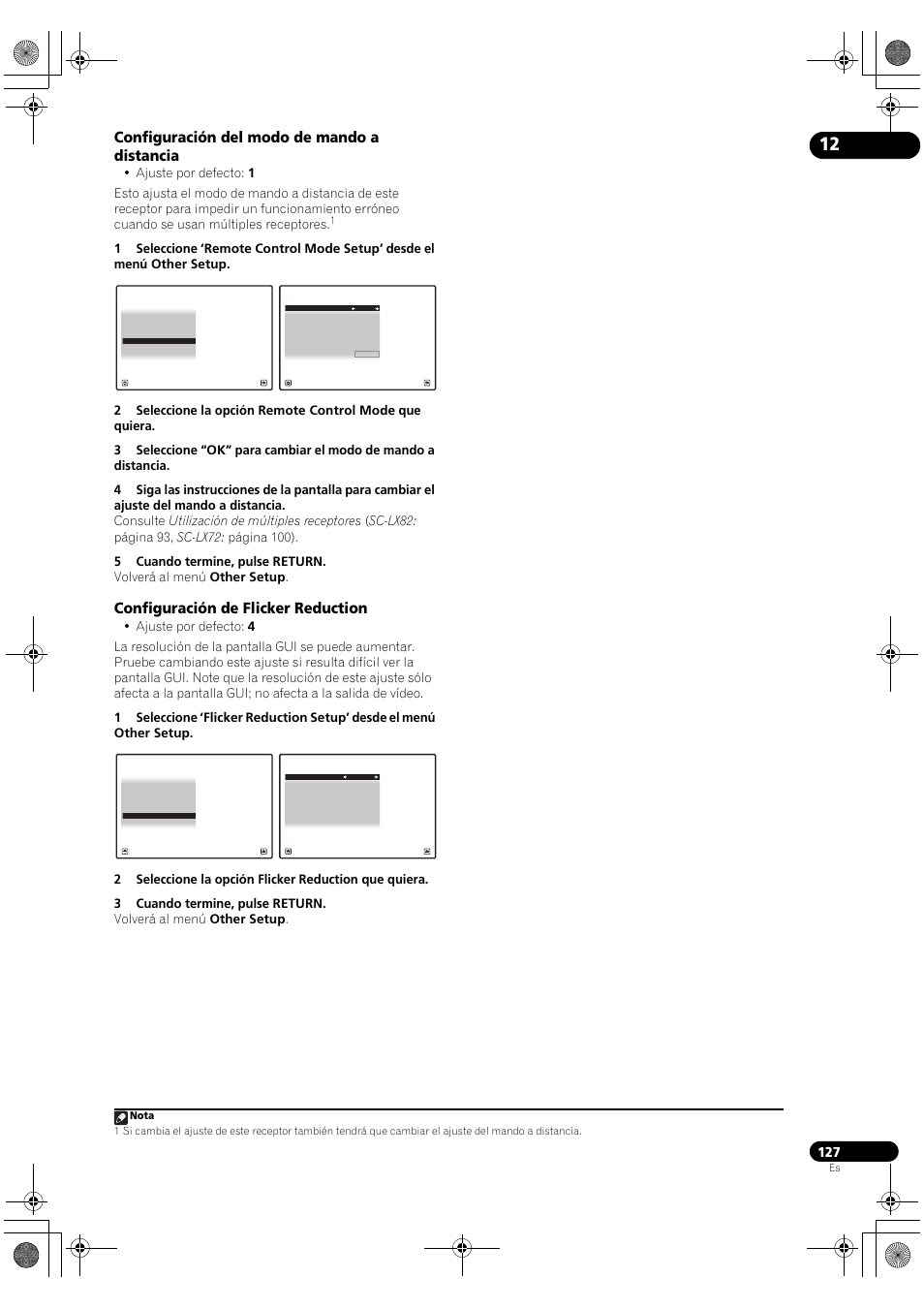 Configuración del modo de mando a distancia, Configuración de flicker reduction | Pioneer SC-LX72 User Manual | Page 127 / 146
