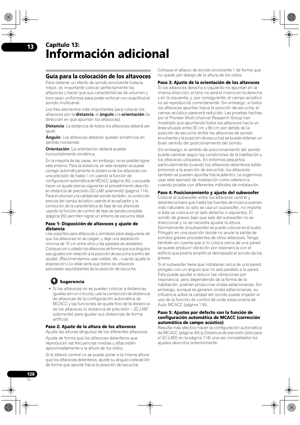 Información adicional, Guía para la colocación de los altavoces, Capítulo 13 | Pioneer SC-LX72 User Manual | Page 128 / 146