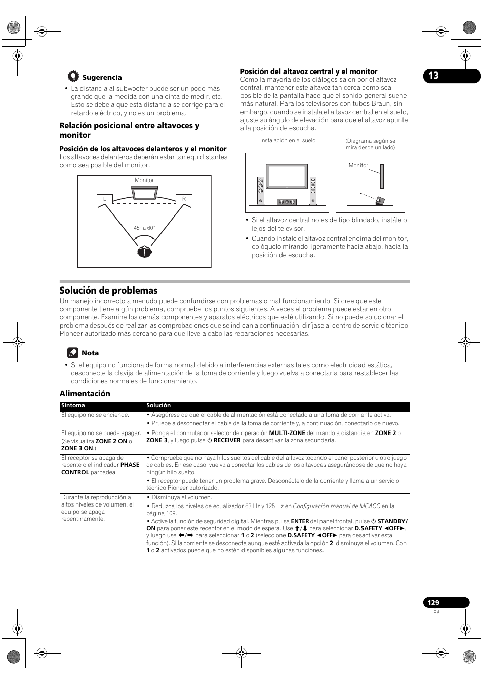 Relación posicional entre altavoces y monitor, Solución de problemas, Alimentación | Pioneer SC-LX72 User Manual | Page 129 / 146