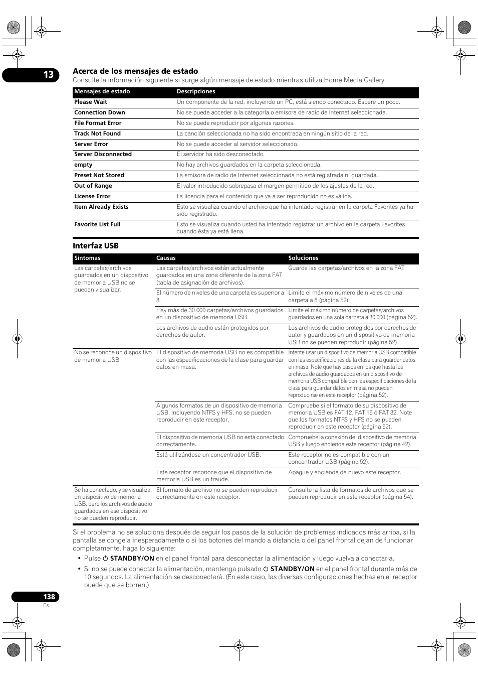 Acerca de los mensajes de estado, Interfaz usb | Pioneer SC-LX72 User Manual | Page 138 / 146