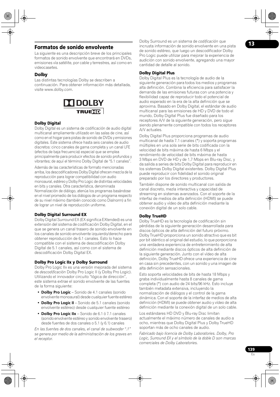 Formatos de sonido envolvente, Dolby | Pioneer SC-LX72 User Manual | Page 139 / 146