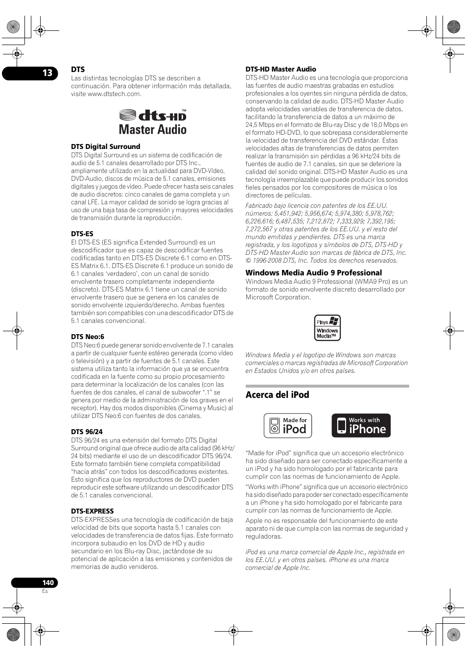Windows media audio 9 professional, Acerca del ipod | Pioneer SC-LX72 User Manual | Page 140 / 146