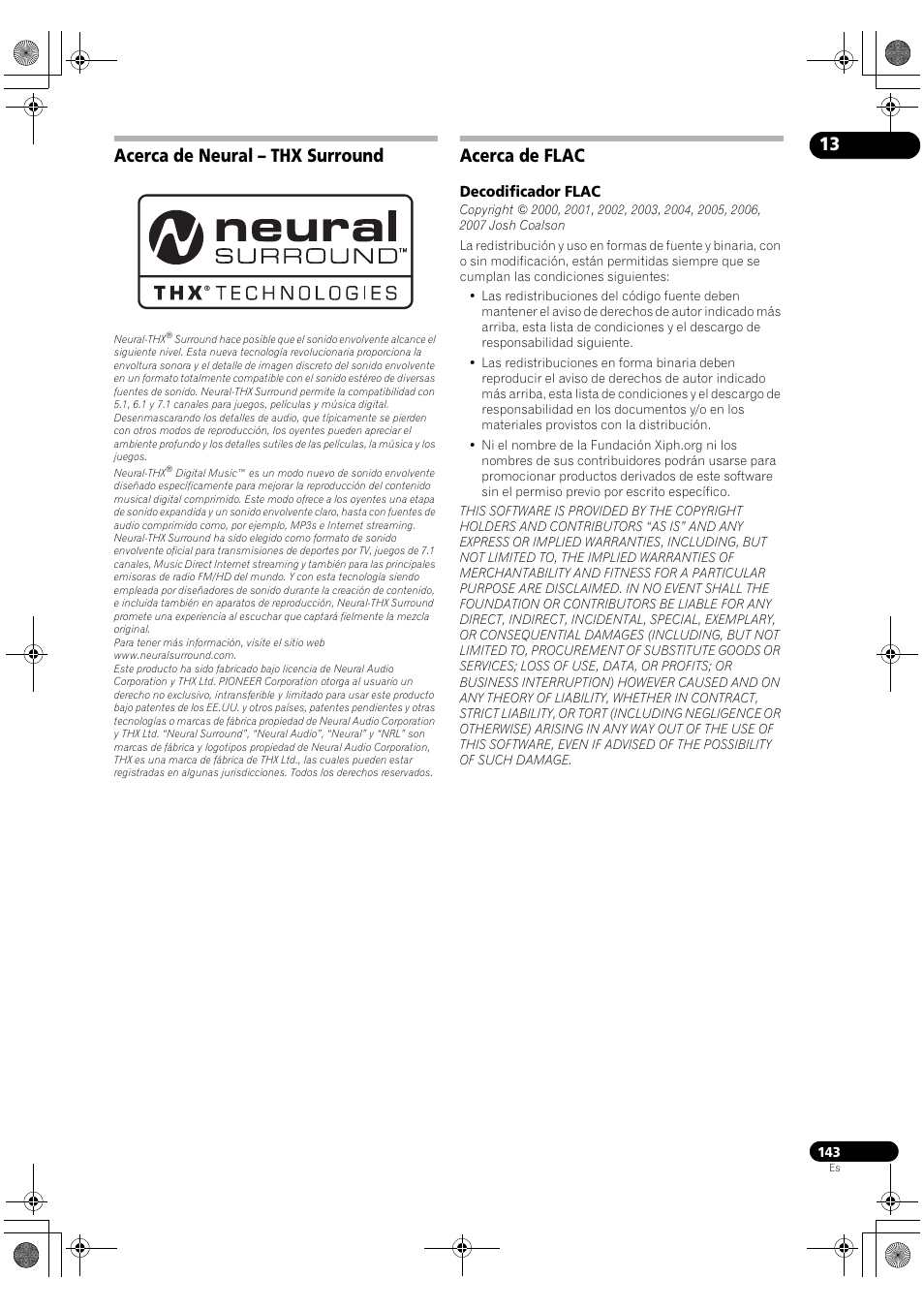 Acerca de neural - thx surround, Acerca de flac, Decodificador flac | Acerca de neural – thx surround | Pioneer SC-LX72 User Manual | Page 143 / 146