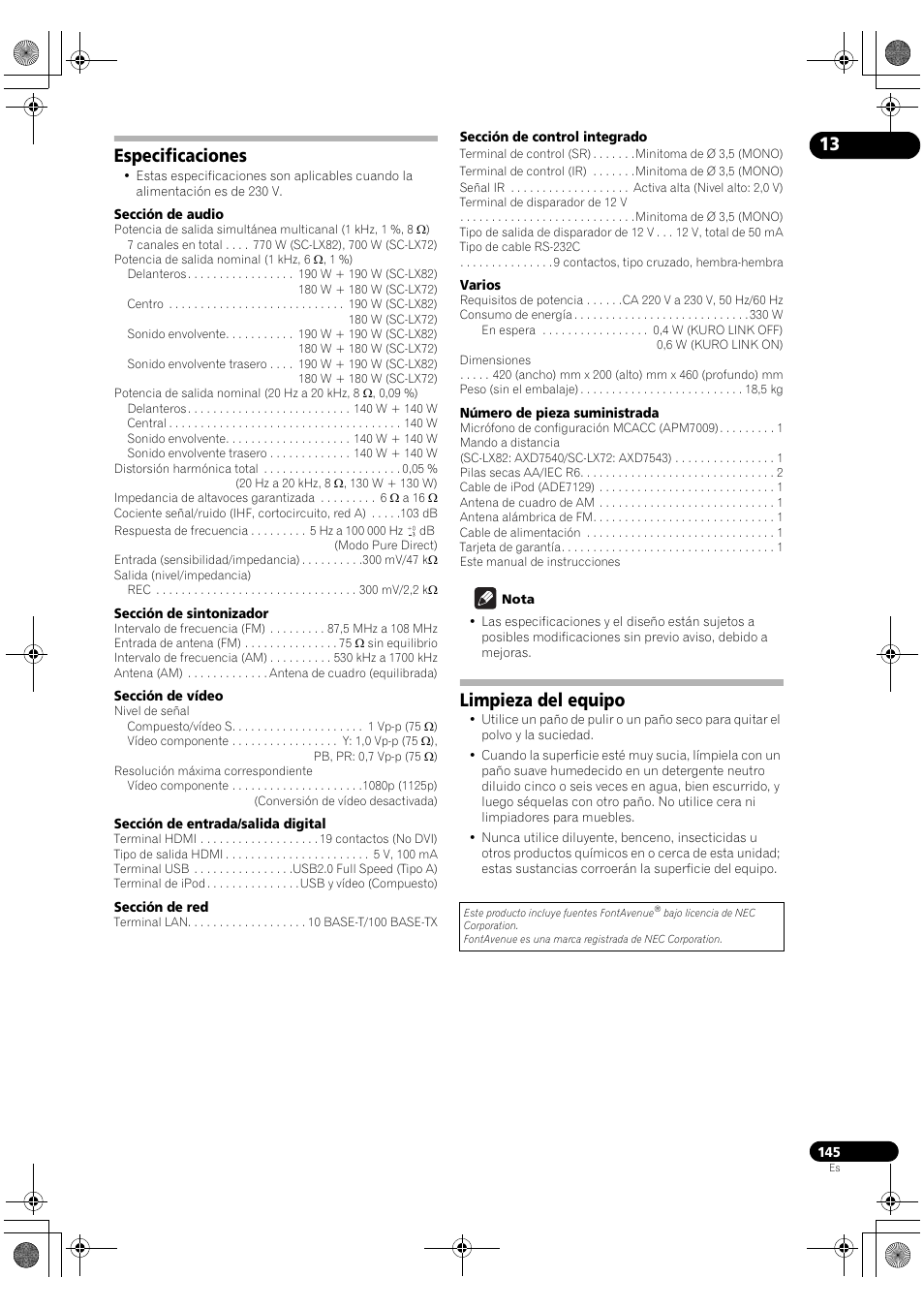 Especificaciones, Limpieza del equipo | Pioneer SC-LX72 User Manual | Page 145 / 146