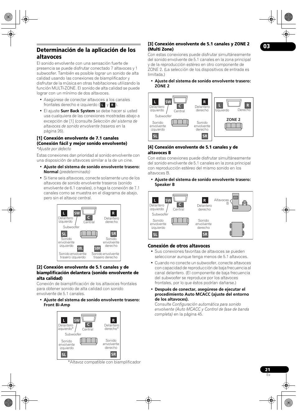 Determinación de la aplicación de los altavoces, Conexión de otros altavoces | Pioneer SC-LX72 User Manual | Page 21 / 146