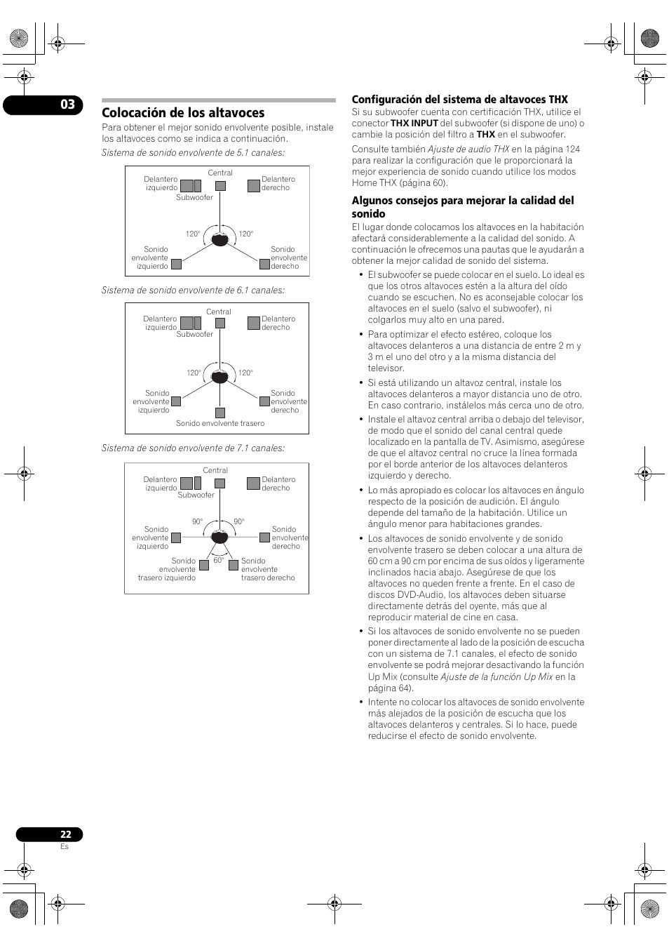 Colocación de los altavoces, Configuración del sistema de altavoces thx | Pioneer SC-LX72 User Manual | Page 22 / 146