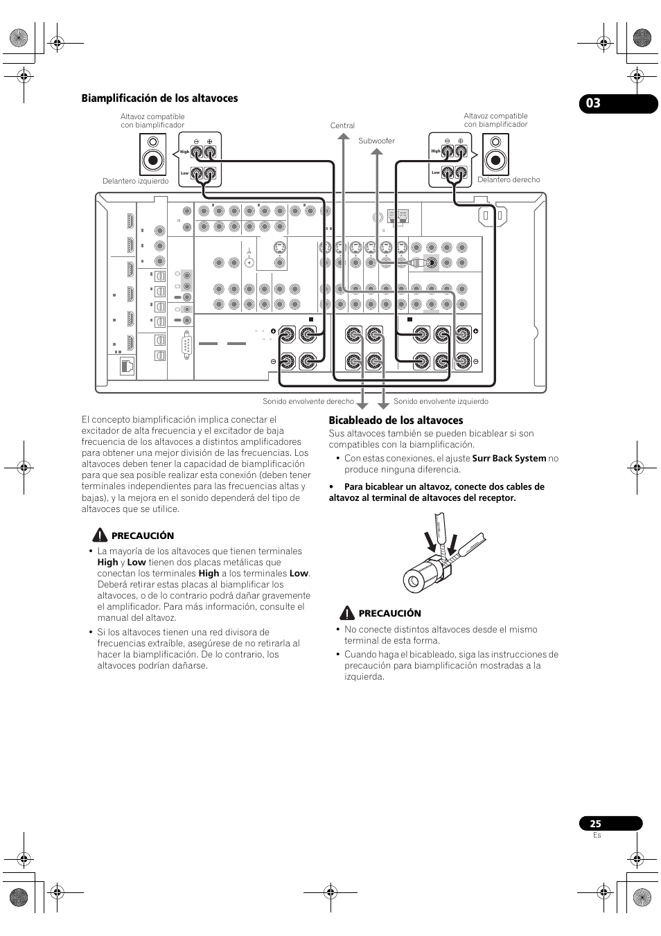 Biamplificación de los altavoces, Bicableado de los altavoces | Pioneer SC-LX72 User Manual | Page 25 / 146