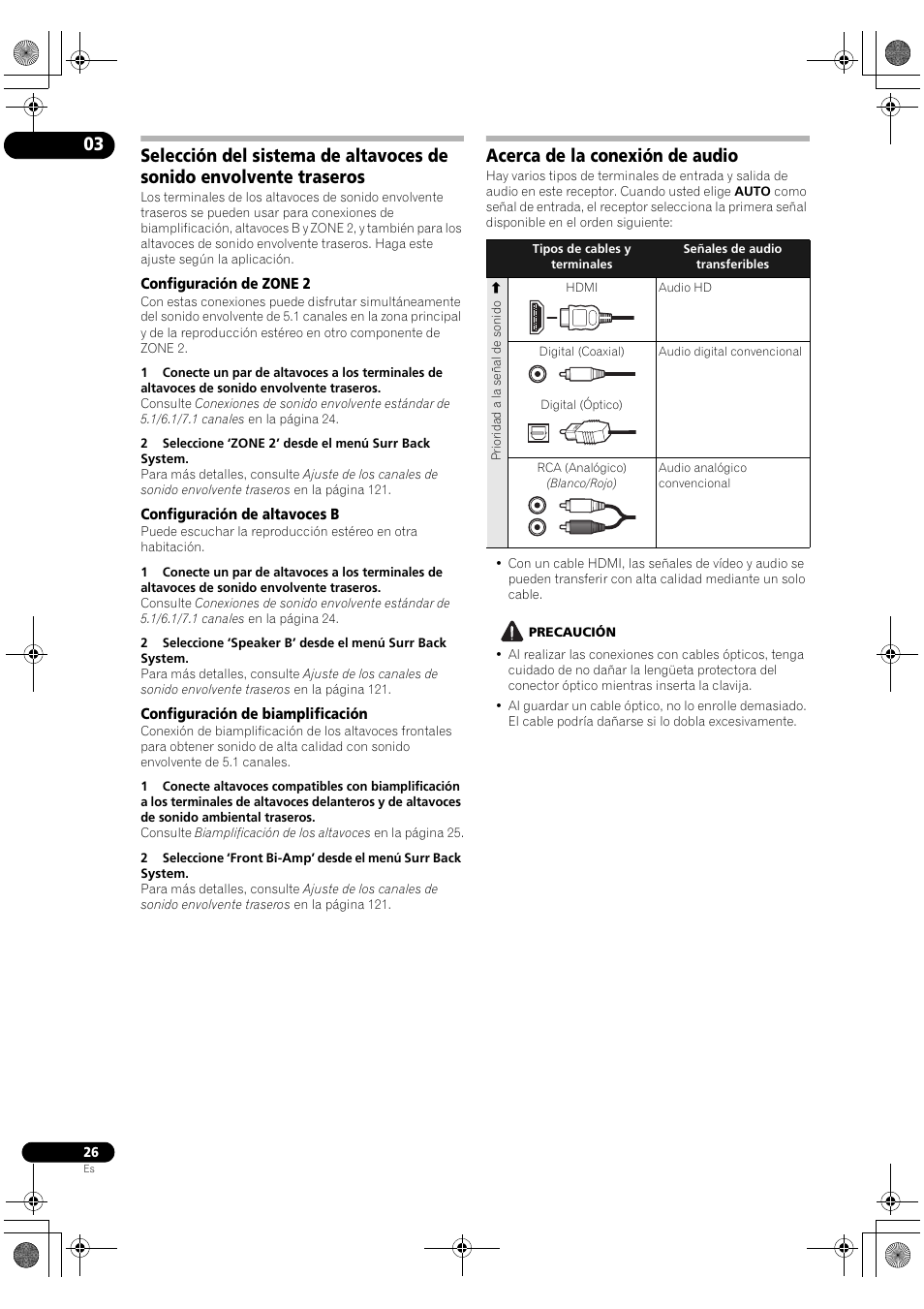 Configuración de zone 2, Configuración de altavoces b, Configuración de biamplificación | Acerca de la conexión de audio | Pioneer SC-LX72 User Manual | Page 26 / 146