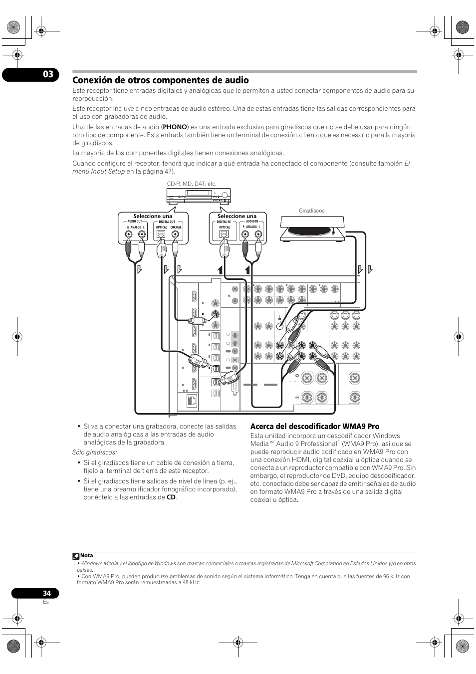 Conexión de otros componentes de audio, Acerca del descodificador wma9 pro | Pioneer SC-LX72 User Manual | Page 34 / 146
