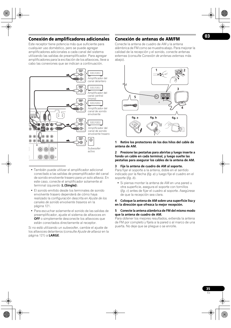 Conexión de amplificadores adicionales, Conexión de antenas de am/fm | Pioneer SC-LX72 User Manual | Page 35 / 146