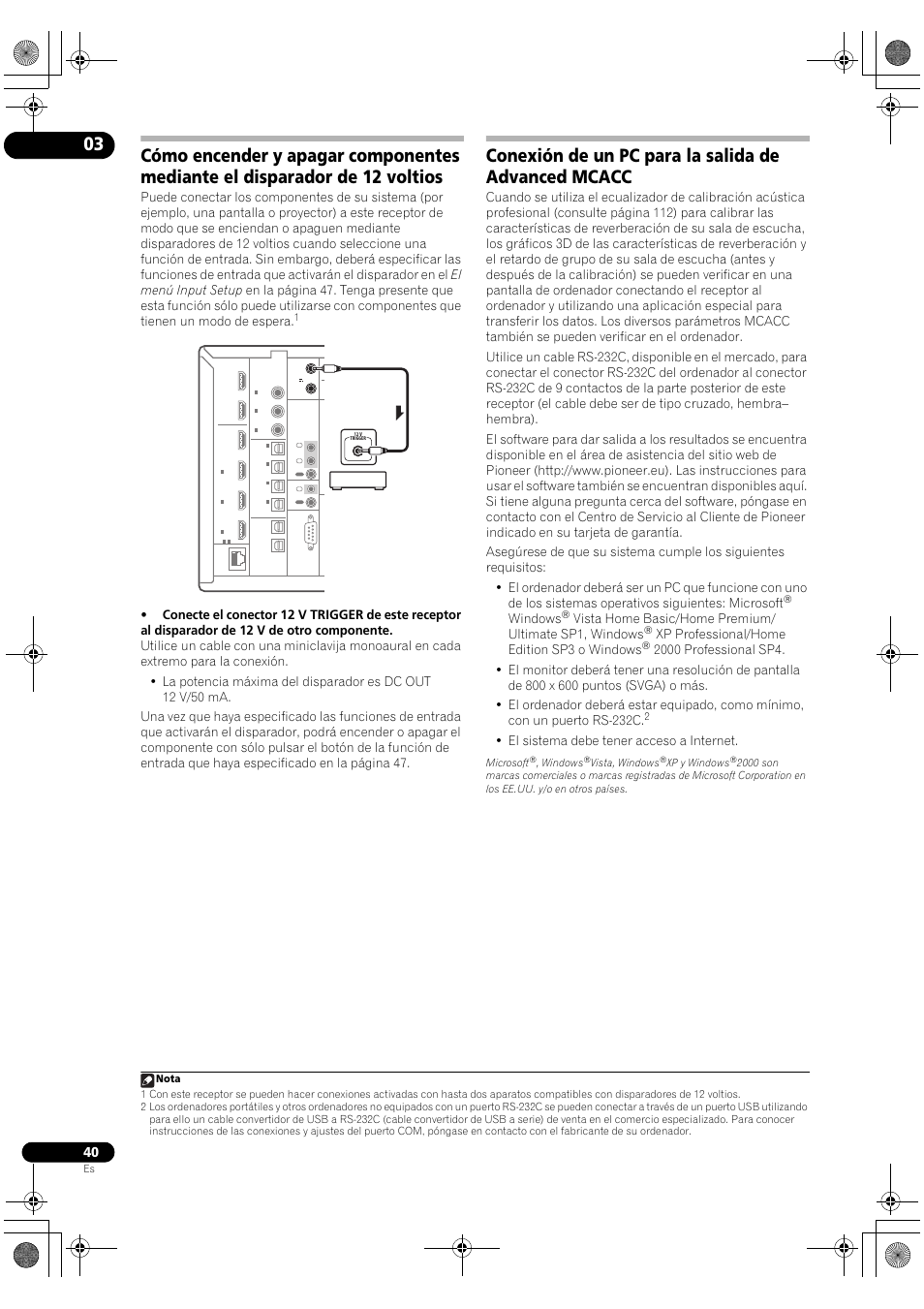 Conexión de un pc para la salida de advanced mcacc, Windows, Xp professional/home edition sp3 o windows | El sistema debe tener acceso a internet, Microsoft, Vista, windows, Xp y windows | Pioneer SC-LX72 User Manual | Page 40 / 146