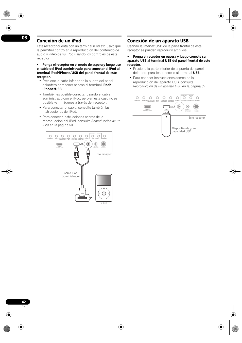 Conexión de un ipod, Conexión de un aparato usb | Pioneer SC-LX72 User Manual | Page 42 / 146