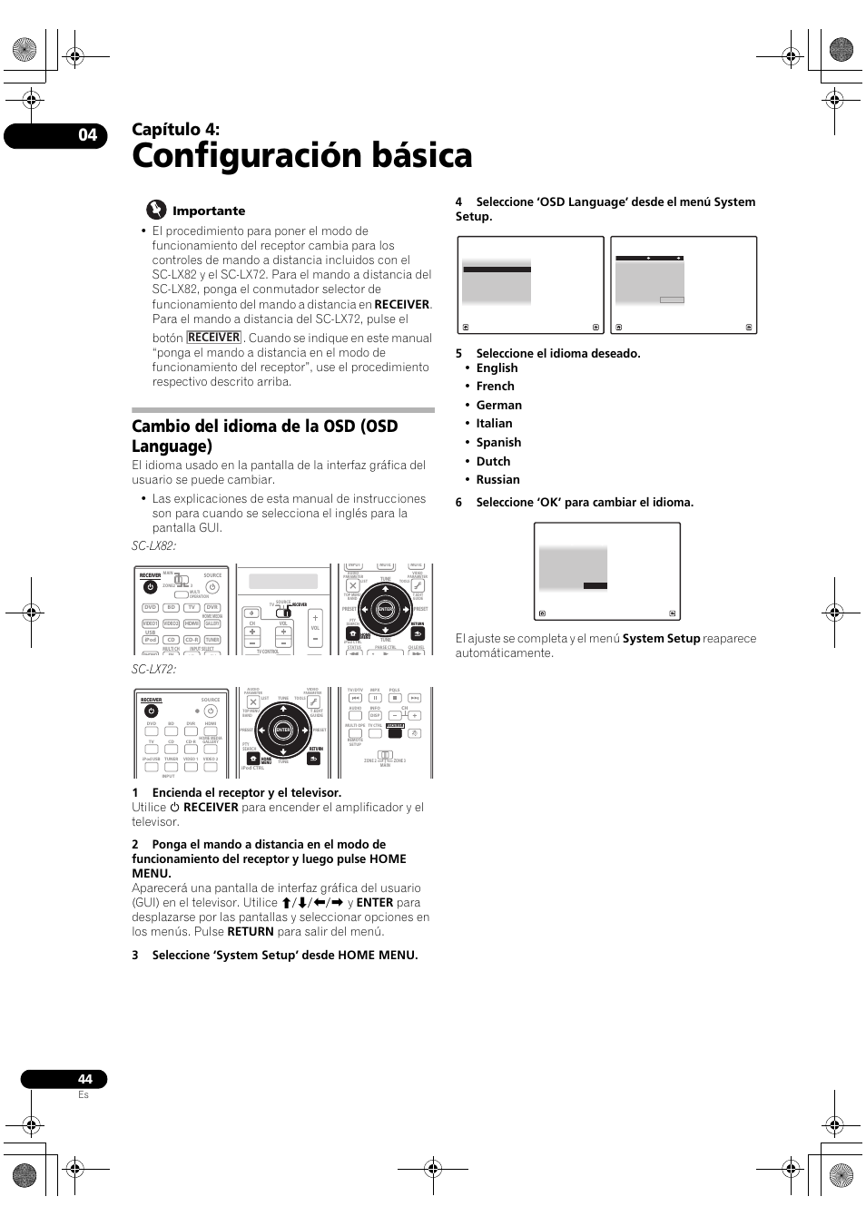 Configuración básica, Cambio del idioma de la osd (osd language), Capítulo 4 | Sc-lx72 | Pioneer SC-LX72 User Manual | Page 44 / 146