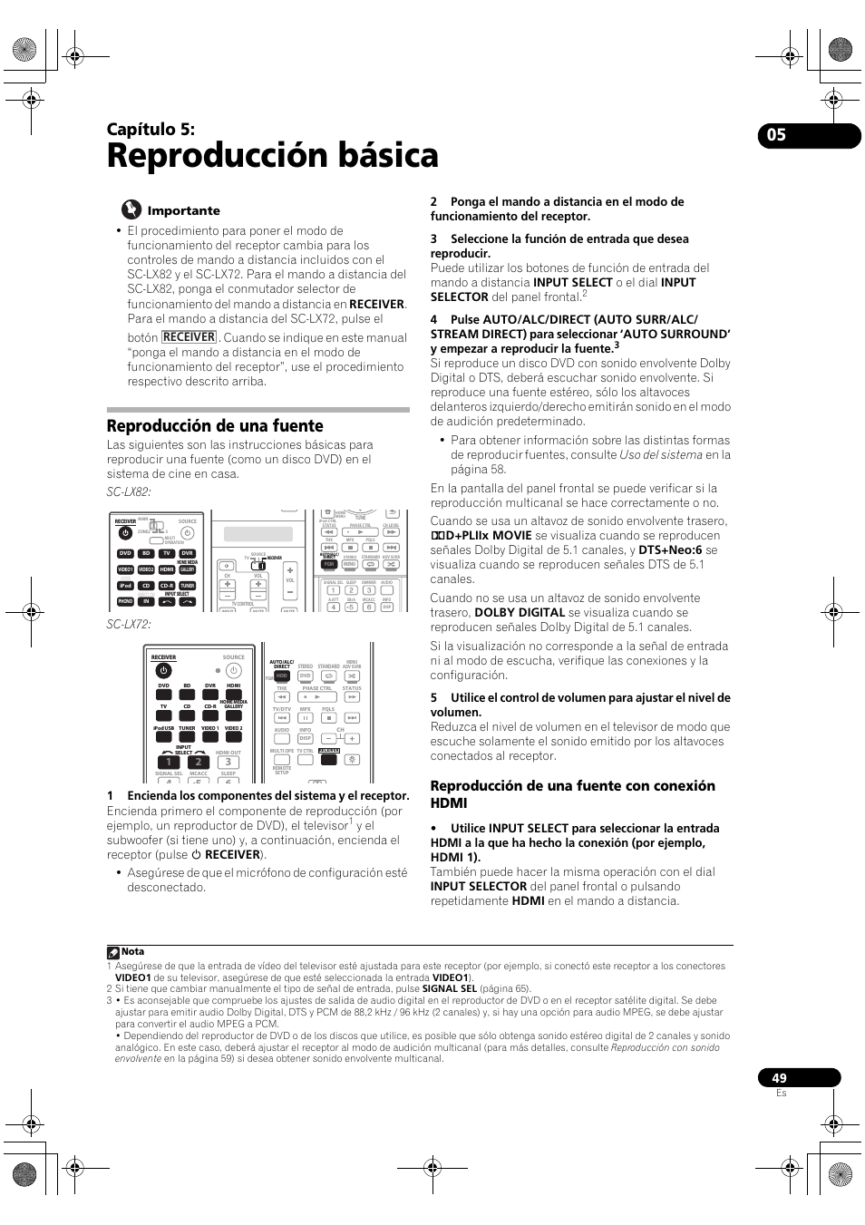 Reproducción básica, Reproducción de una fuente, Reproducción de una fuente con conexión hdmi | Capítulo 5, Sc-lx72, Receiver | Pioneer SC-LX72 User Manual | Page 49 / 146
