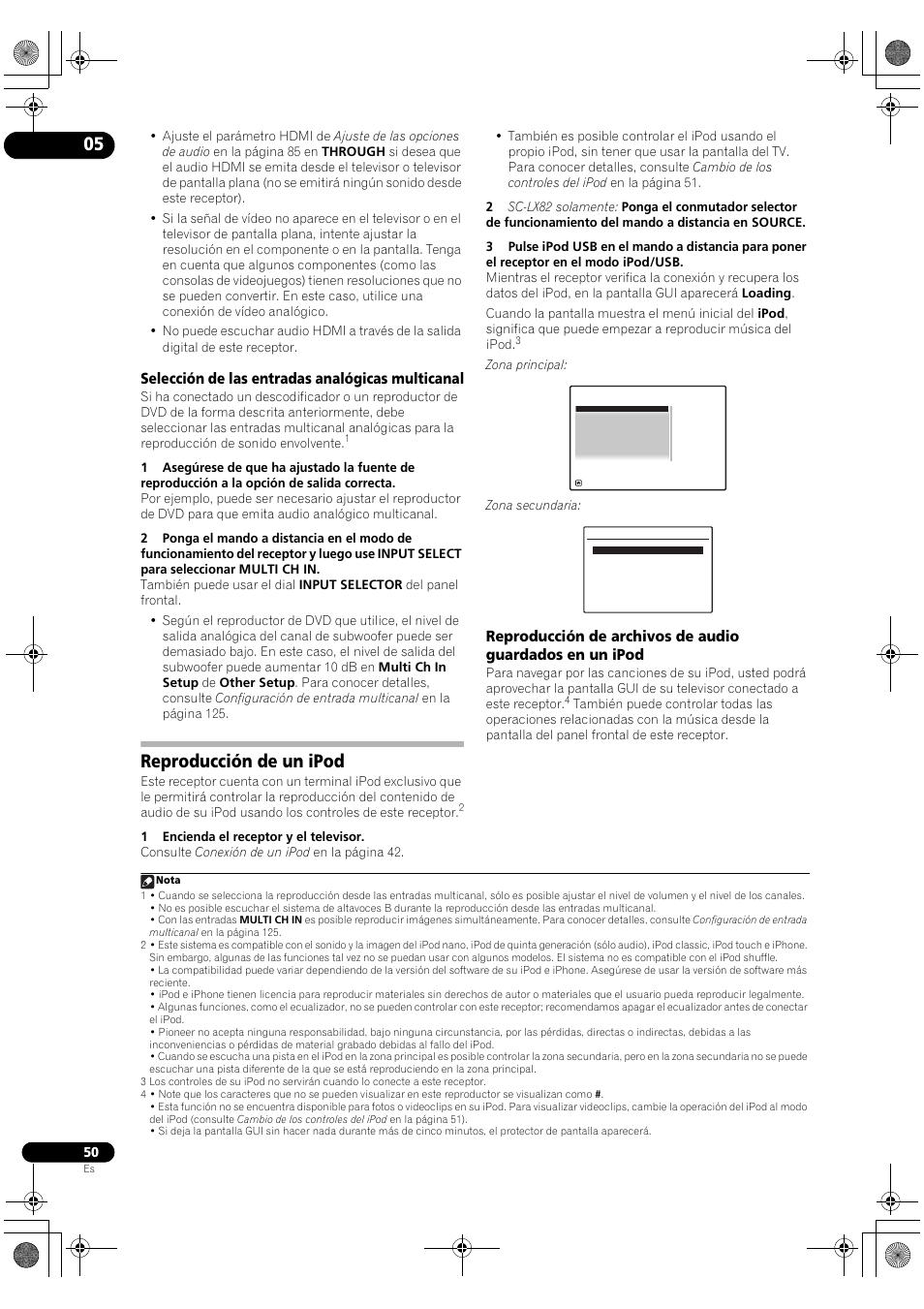 Selección de las entradas analógicas multicanal, Reproducción de un ipod | Pioneer SC-LX72 User Manual | Page 50 / 146