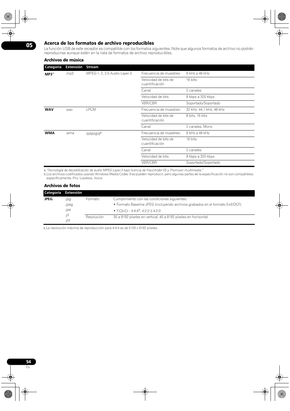 Acerca de los formatos de archivo reproducibles | Pioneer SC-LX72 User Manual | Page 54 / 146