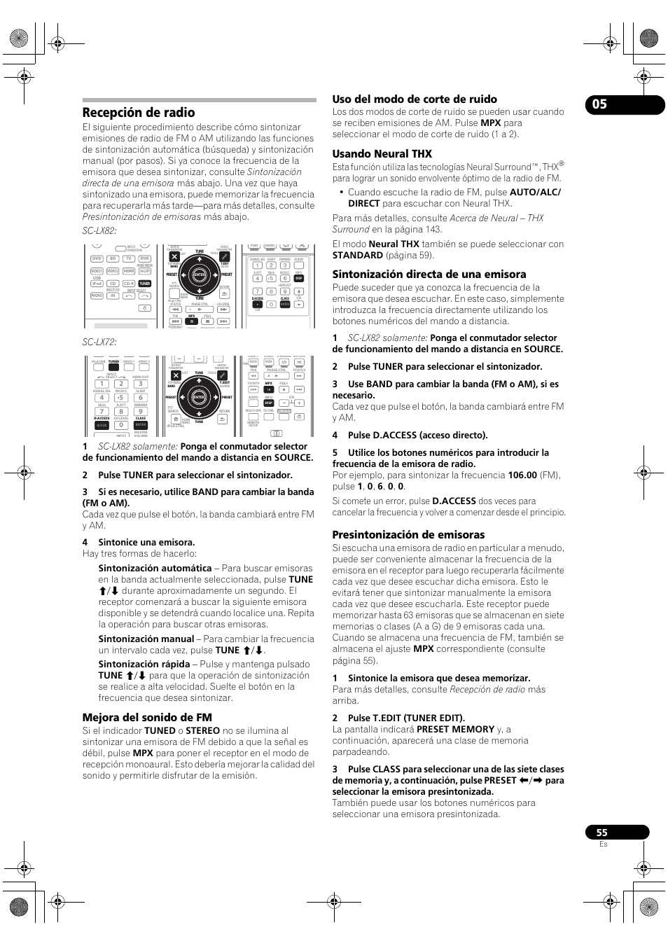 Recepción de radio, Mejora del sonido de fm, Uso del modo de corte de ruido | Usando neural thx, Sintonización directa de una emisora, Presintonización de emisoras, Sc-lx72 | Pioneer SC-LX72 User Manual | Page 55 / 146