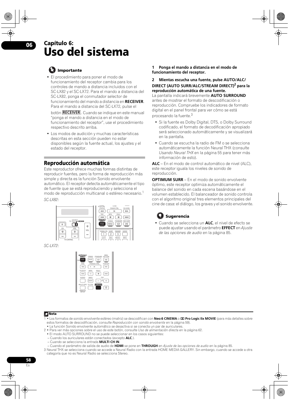 Uso del sistema, Reproducción automática, Capítulo 6 | Sc-lx82, Receiver | Pioneer SC-LX72 User Manual | Page 58 / 146