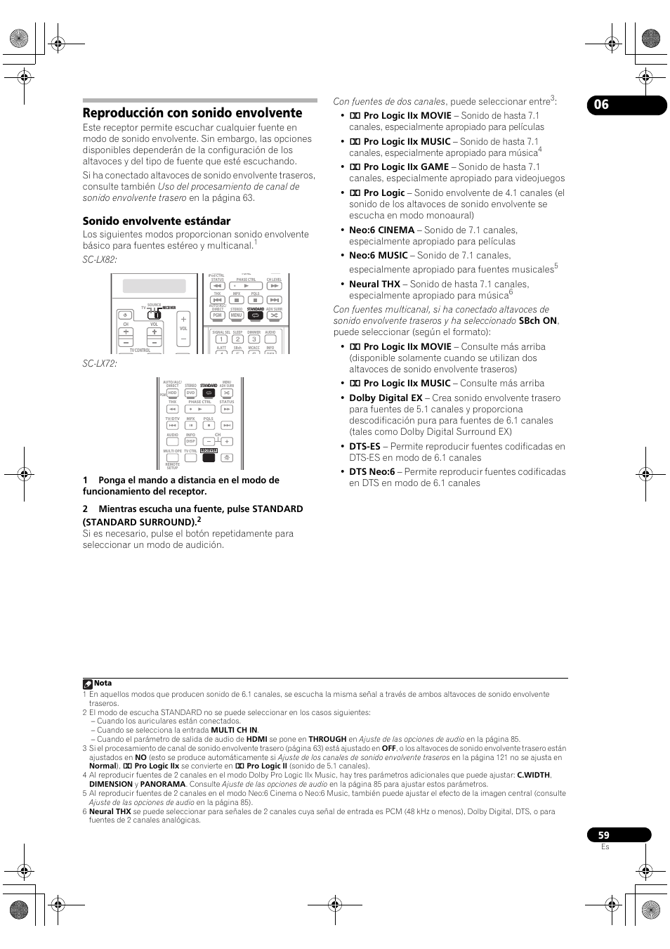Reproducción con sonido envolvente, Sonido envolvente estándar, Sc-lx82 | Pioneer SC-LX72 User Manual | Page 59 / 146