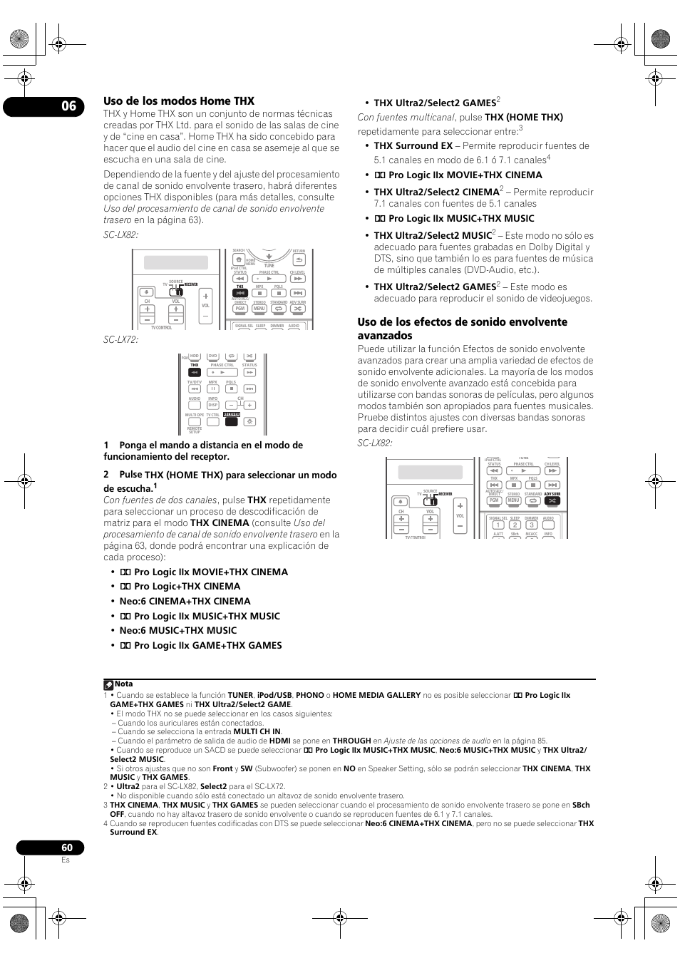 Uso de los modos home thx, Uso de los efectos de sonido envolvente avanzados | Pioneer SC-LX72 User Manual | Page 60 / 146