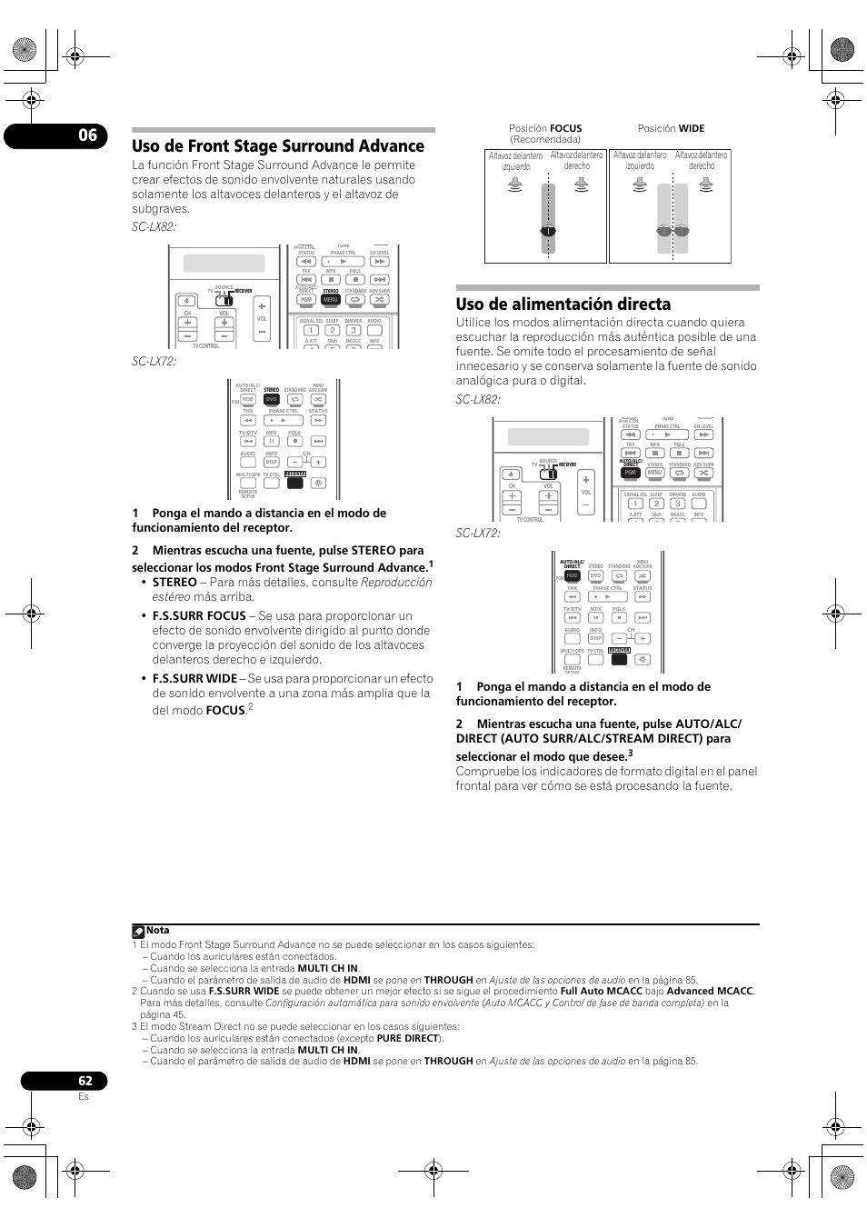 Uso de front stage surround advance, Uso de alimentación directa | Pioneer SC-LX72 User Manual | Page 62 / 146