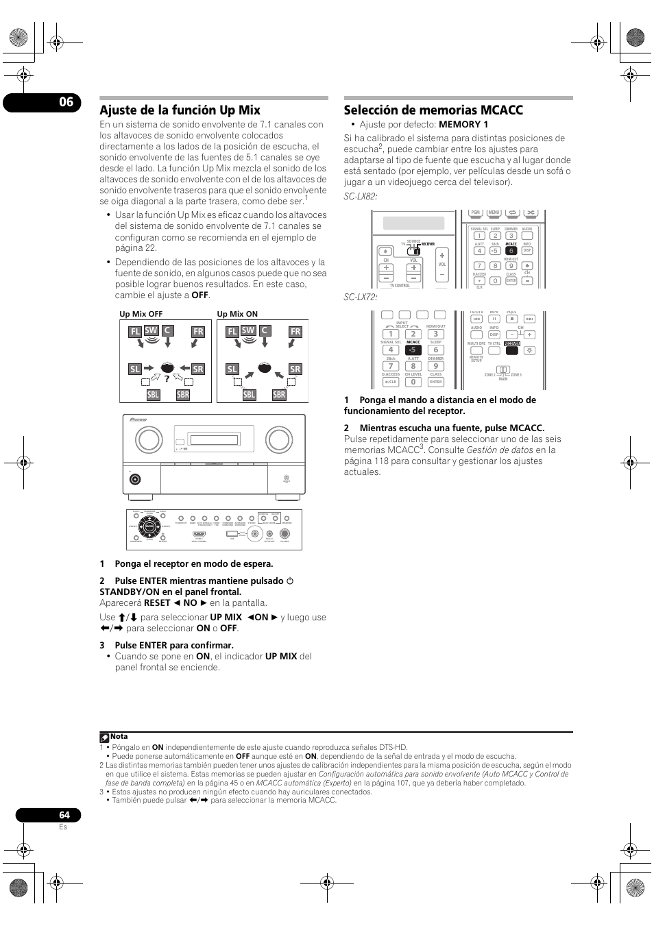 Ajuste de la función up mix, Selección de memorias mcacc, Sc-lx72 | C sw fl fr sl sr sbl sbr sbl sbr c sw fl fr sl sr | Pioneer SC-LX72 User Manual | Page 64 / 146