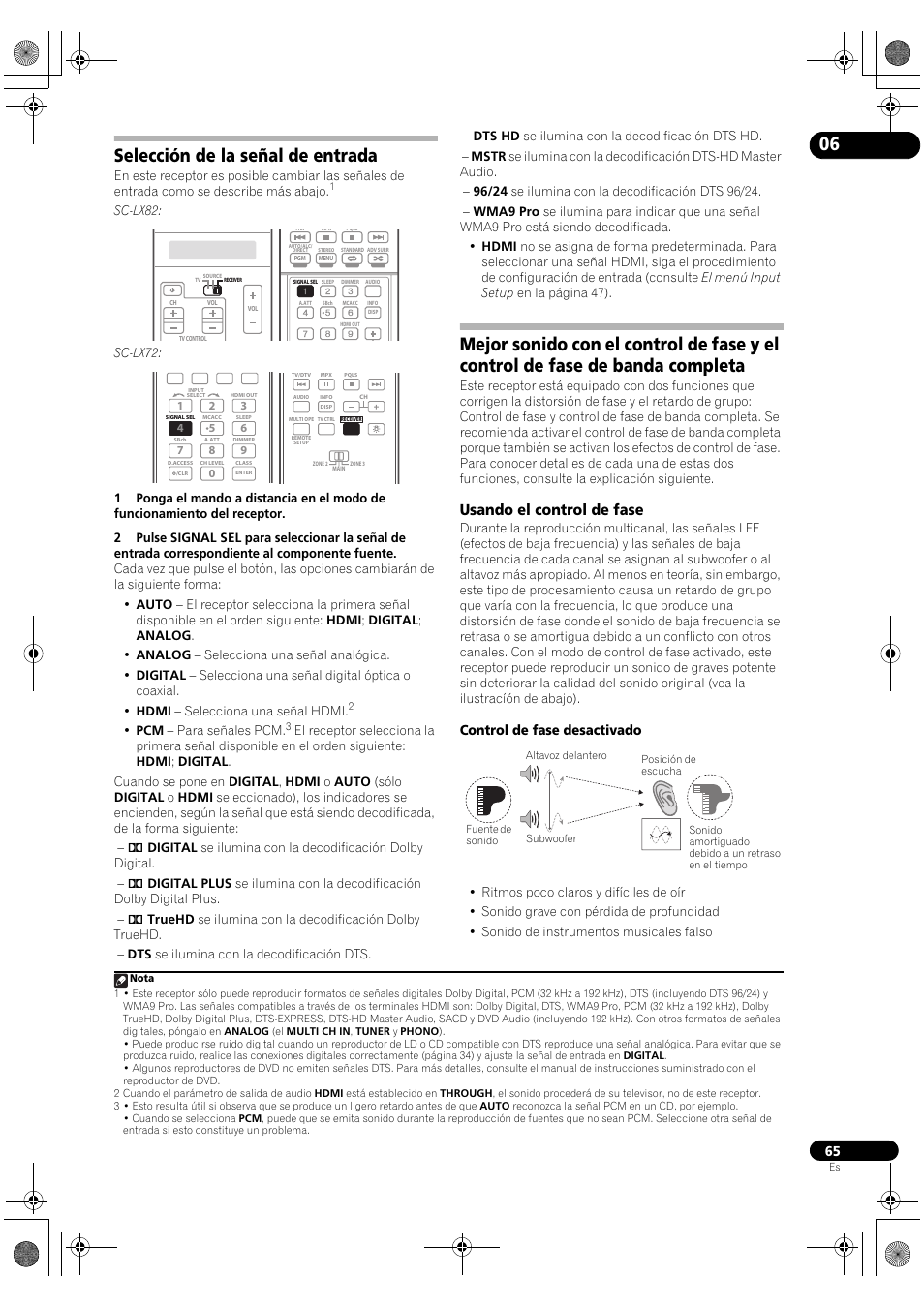 Selección de la señal de entrada, Usando el control de fase, Control de fase desactivado | Pioneer SC-LX72 User Manual | Page 65 / 146