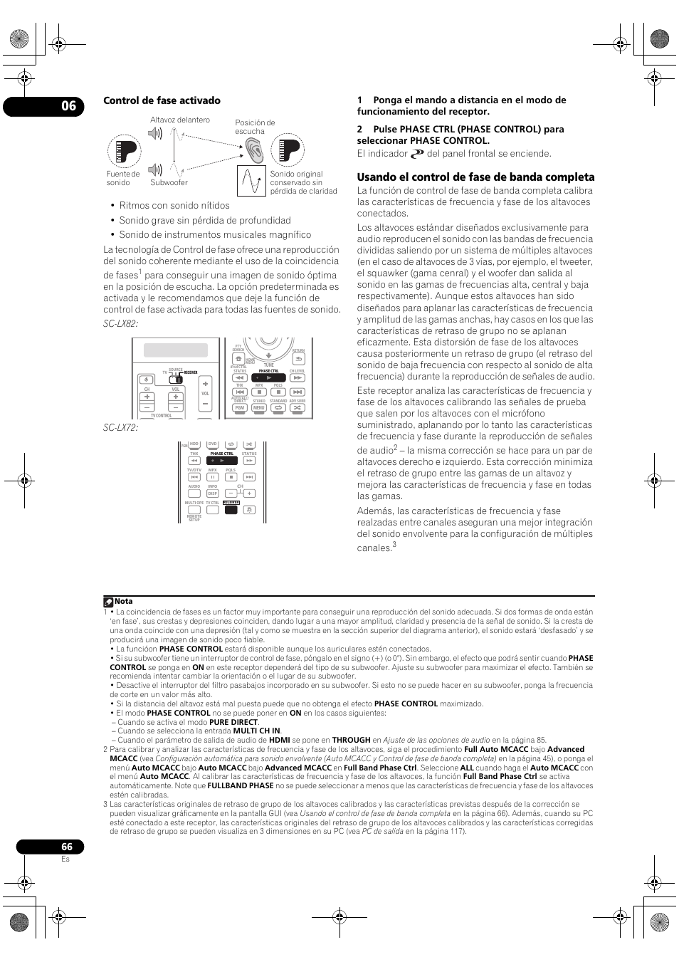 Usando el control de fase de banda completa, Control de fase activado | Pioneer SC-LX72 User Manual | Page 66 / 146