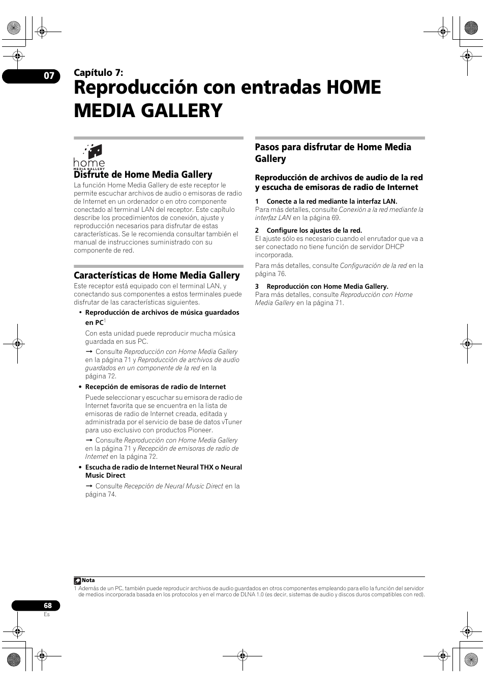 Reproducción con entradas home media gallery, Disfrute de home media gallery, Características de home media gallery | Pasos para disfrutar de home media gallery, Capítulo 7 | Pioneer SC-LX72 User Manual | Page 68 / 146