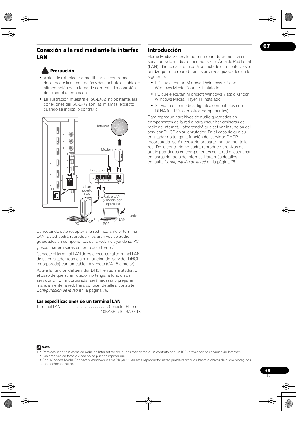 Conexión a la red mediante la interfaz lan, Introducción, Las especificaciones de un terminal lan | Pioneer SC-LX72 User Manual | Page 69 / 146