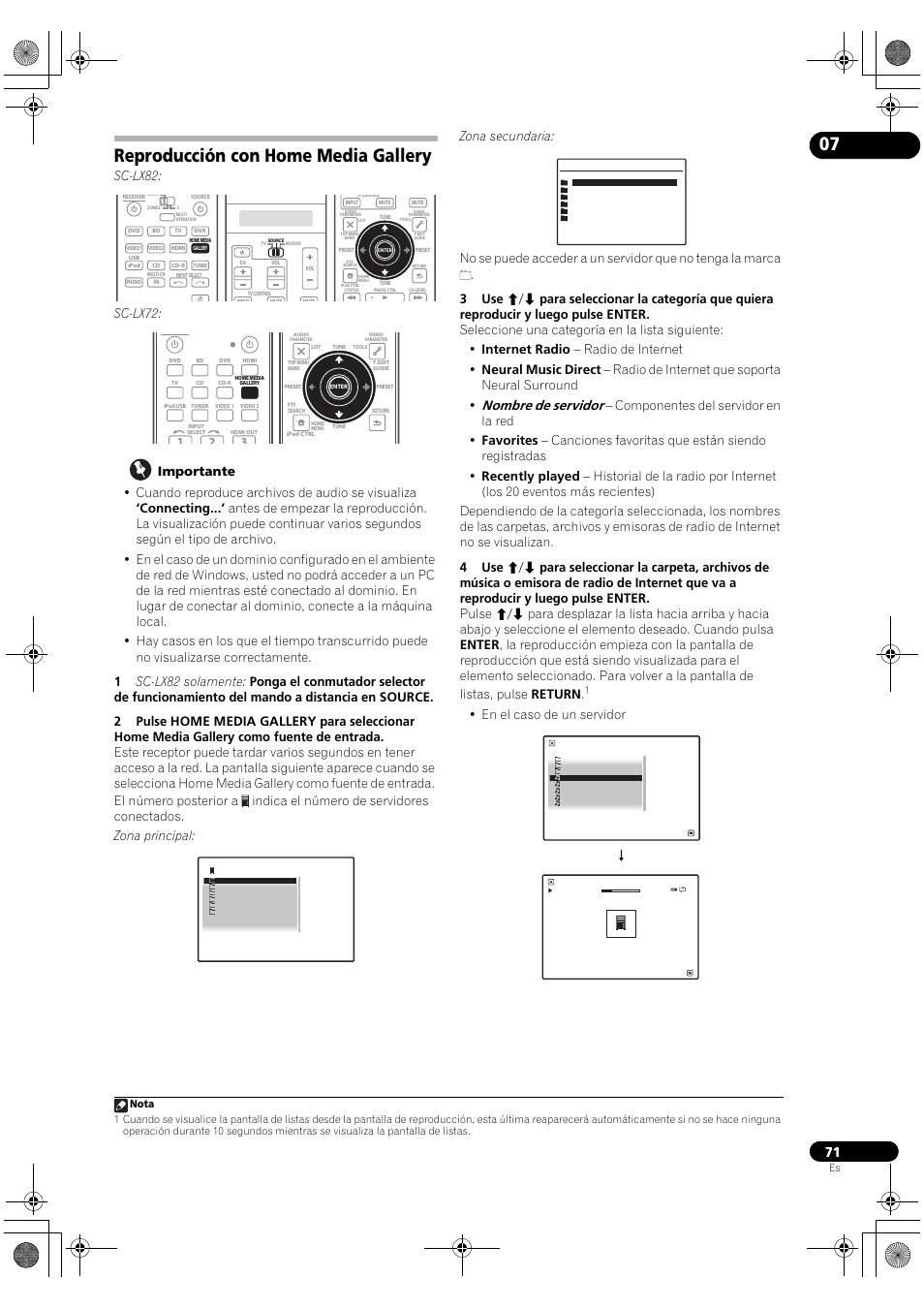 Reproducción con home media gallery, Nombre de servidor, Sc-lx82 | Sc-lx72, En el caso de un servidor | Pioneer SC-LX72 User Manual | Page 71 / 146