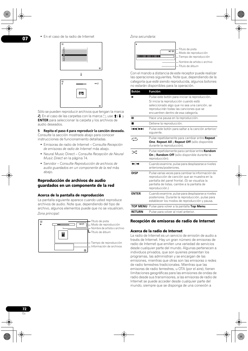 Recepción de emisoras de radio de internet, Acerca de la pantalla de reproducción, Acerca de la radio de internet | En el caso de la radio de internet | Pioneer SC-LX72 User Manual | Page 72 / 146