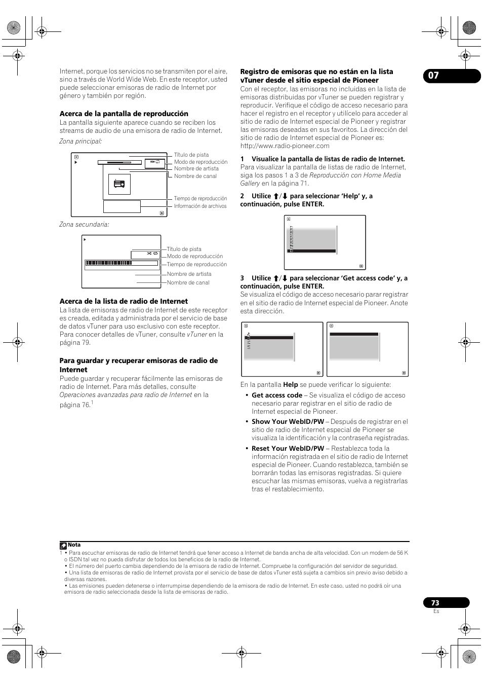 Acerca de la pantalla de reproducción, Acerca de la lista de radio de internet | Pioneer SC-LX72 User Manual | Page 73 / 146