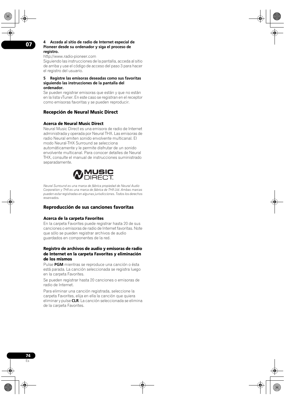 Recepción de neural music direct, Reproducción de sus canciones favoritas | Pioneer SC-LX72 User Manual | Page 74 / 146