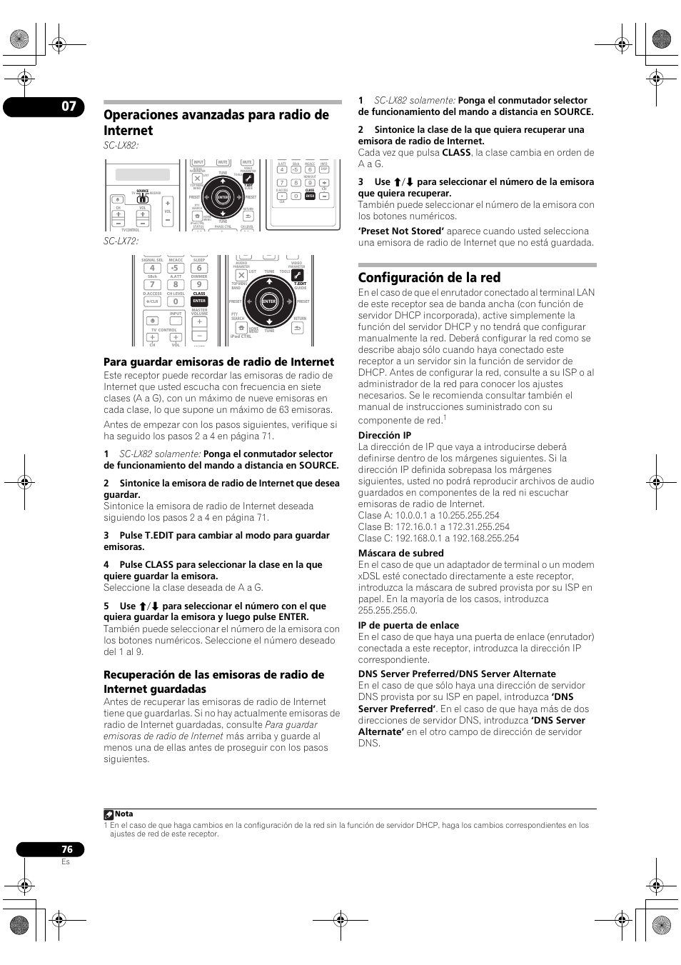 Operaciones avanzadas para radio de internet, Para guardar emisoras de radio de internet, Configuración de la red | Sc-lx82, Sc-lx72 | Pioneer SC-LX72 User Manual | Page 76 / 146