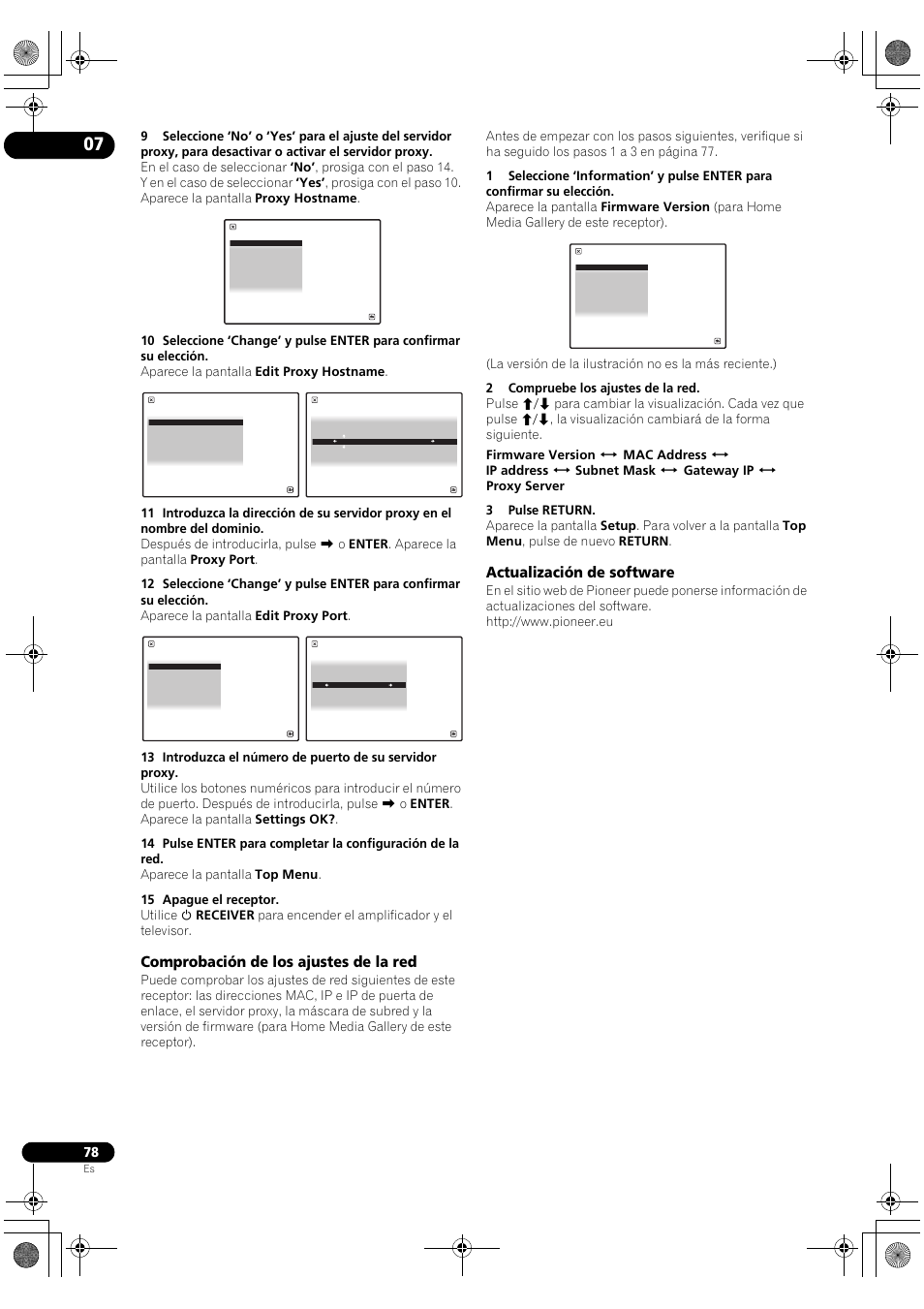 Comprobación de los ajustes de la red, Actualización de software | Pioneer SC-LX72 User Manual | Page 78 / 146