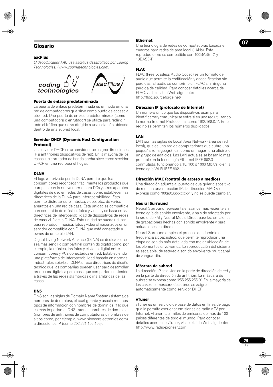 Glosario | Pioneer SC-LX72 User Manual | Page 79 / 146