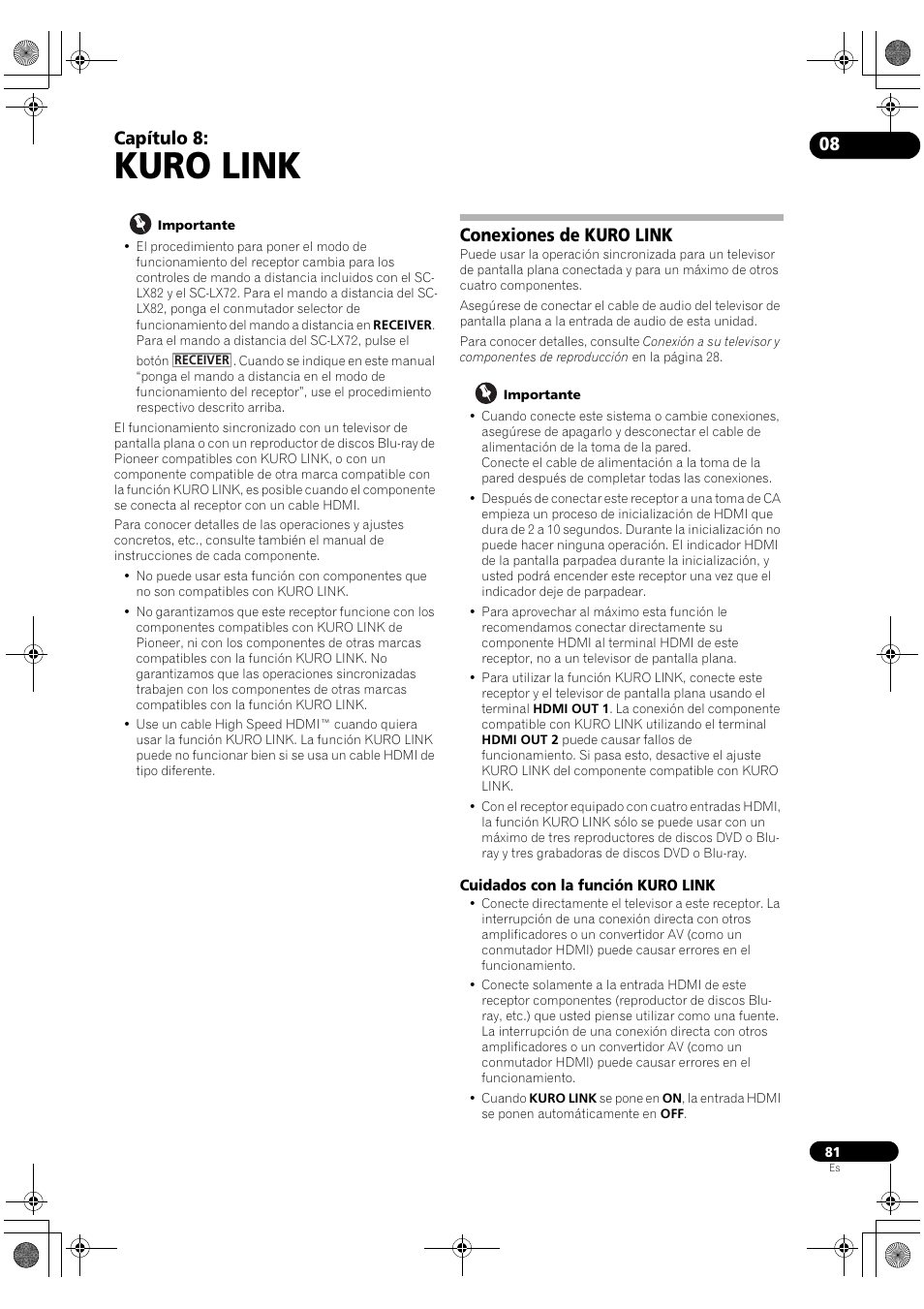 Kuro link, Conexiones de kuro link, Cuidados con la función kuro link | Capítulo 8 | Pioneer SC-LX72 User Manual | Page 81 / 146