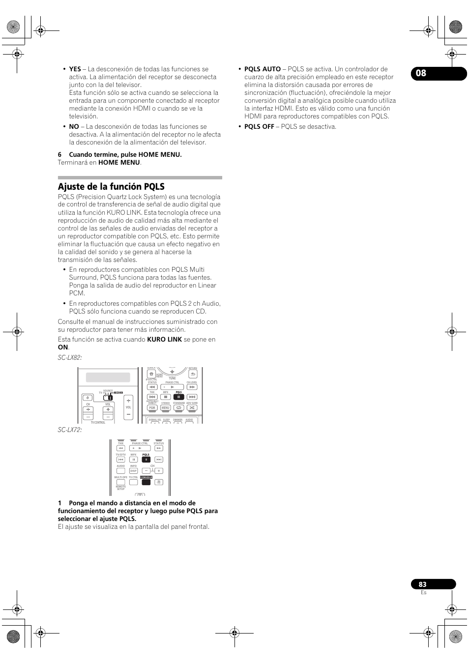 Ajuste de la función pqls | Pioneer SC-LX72 User Manual | Page 83 / 146