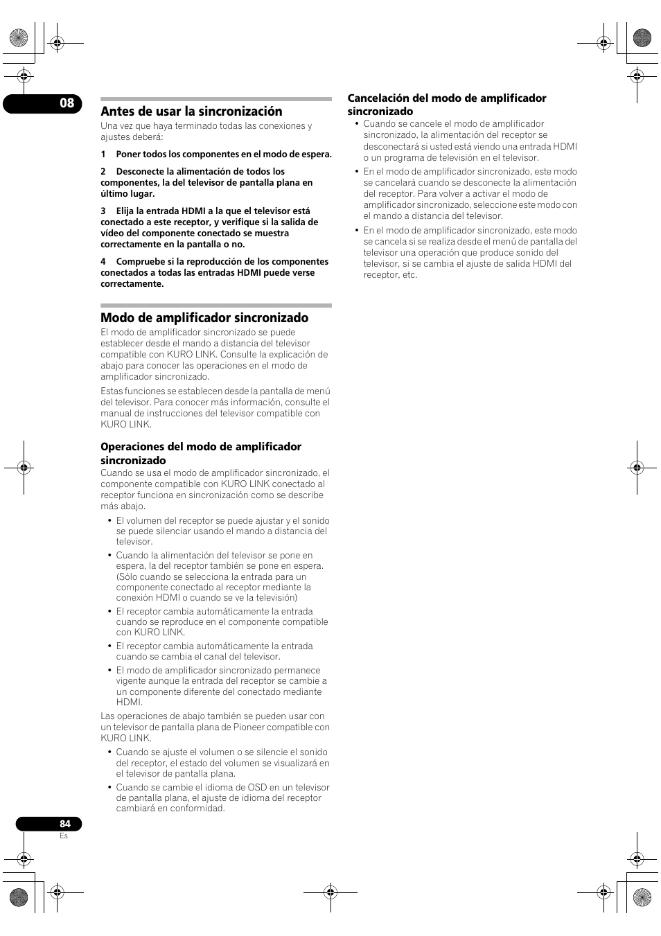 Antes de usar la sincronización, Modo de amplificador sincronizado, Operaciones del modo de amplificador sincronizado | Cancelación del modo de amplificador sincronizado | Pioneer SC-LX72 User Manual | Page 84 / 146