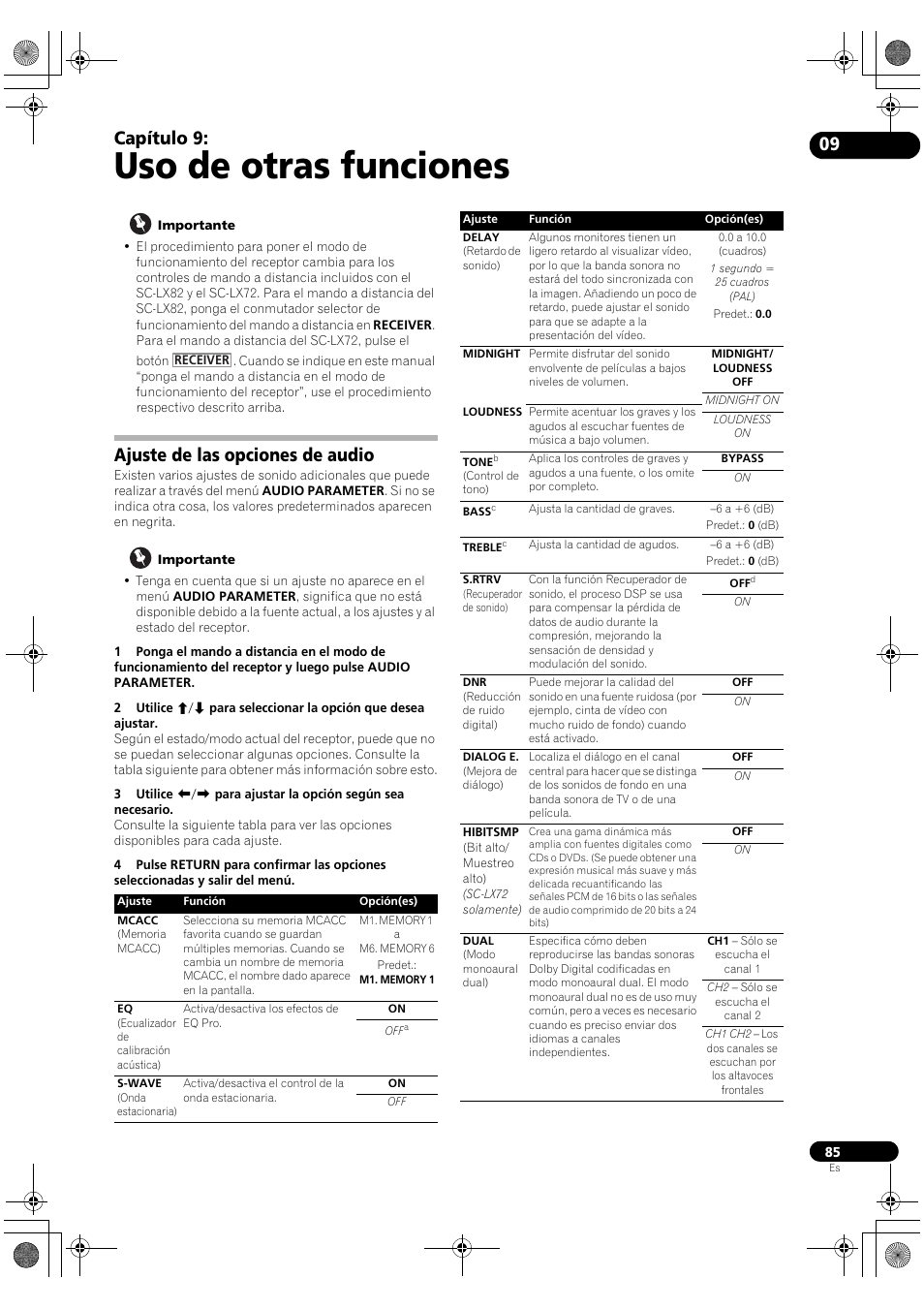 Uso de otras funciones, Ajuste de las opciones de audio, Capítulo 9 | Pioneer SC-LX72 User Manual | Page 85 / 146