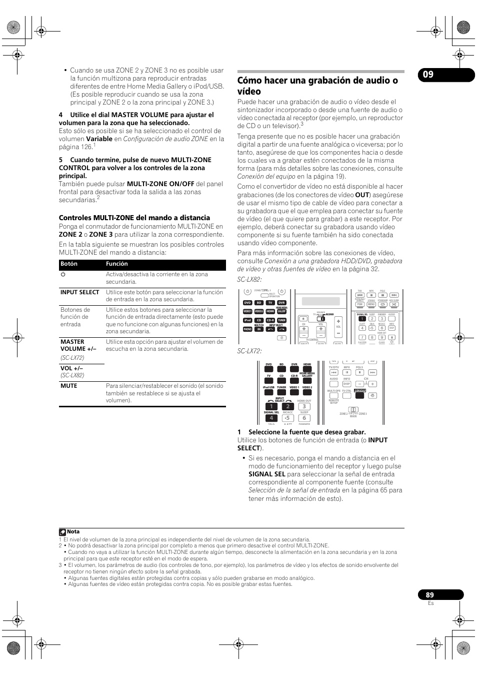 Cómo hacer una grabación de audio o vídeo, Controles multi-zone del mando a distancia, Sc-lx72 | Pioneer SC-LX72 User Manual | Page 89 / 146