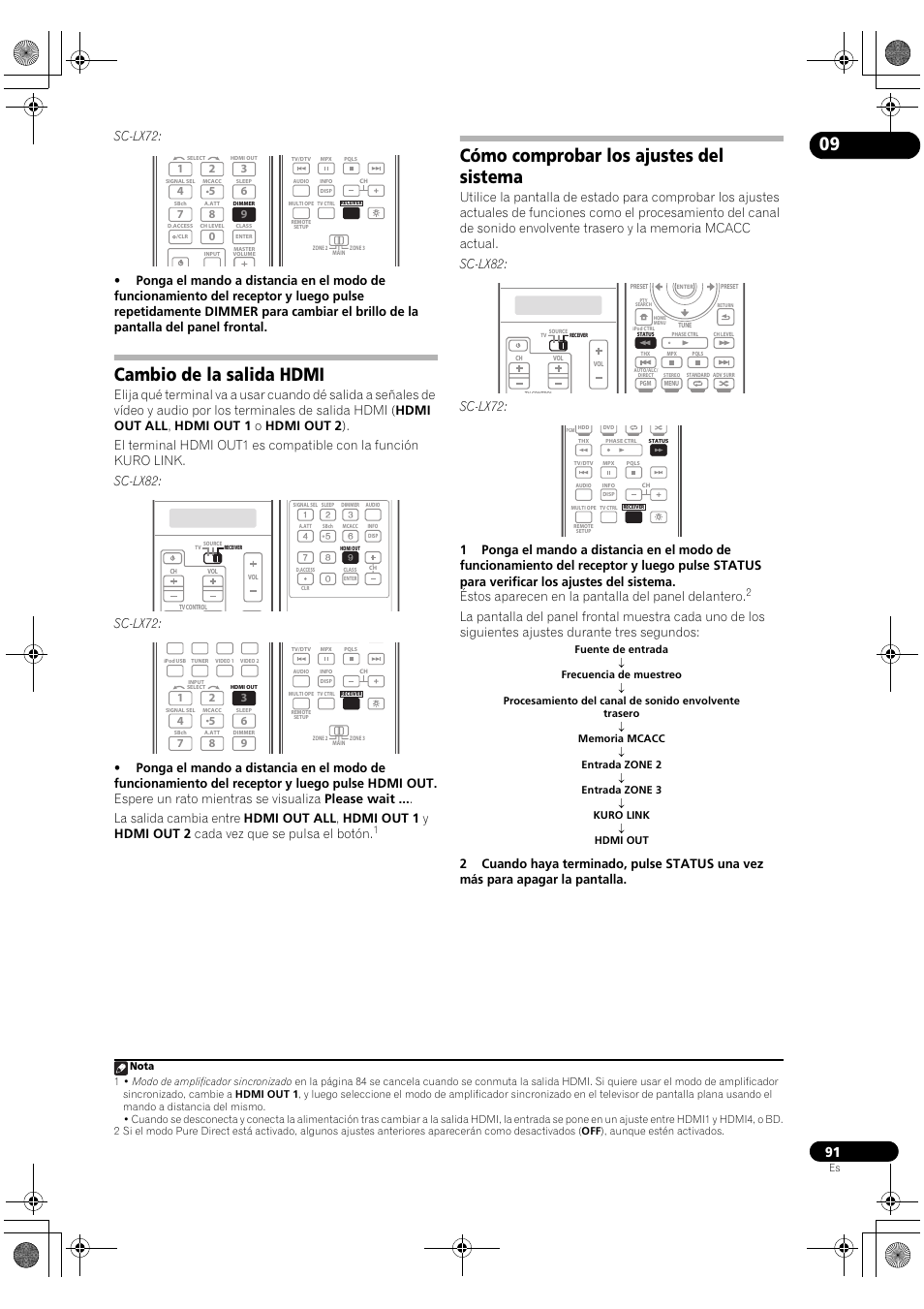 Cambio de la salida hdmi, Cómo comprobar los ajustes del sistema, Sc-lx72 | Pioneer SC-LX72 User Manual | Page 91 / 146