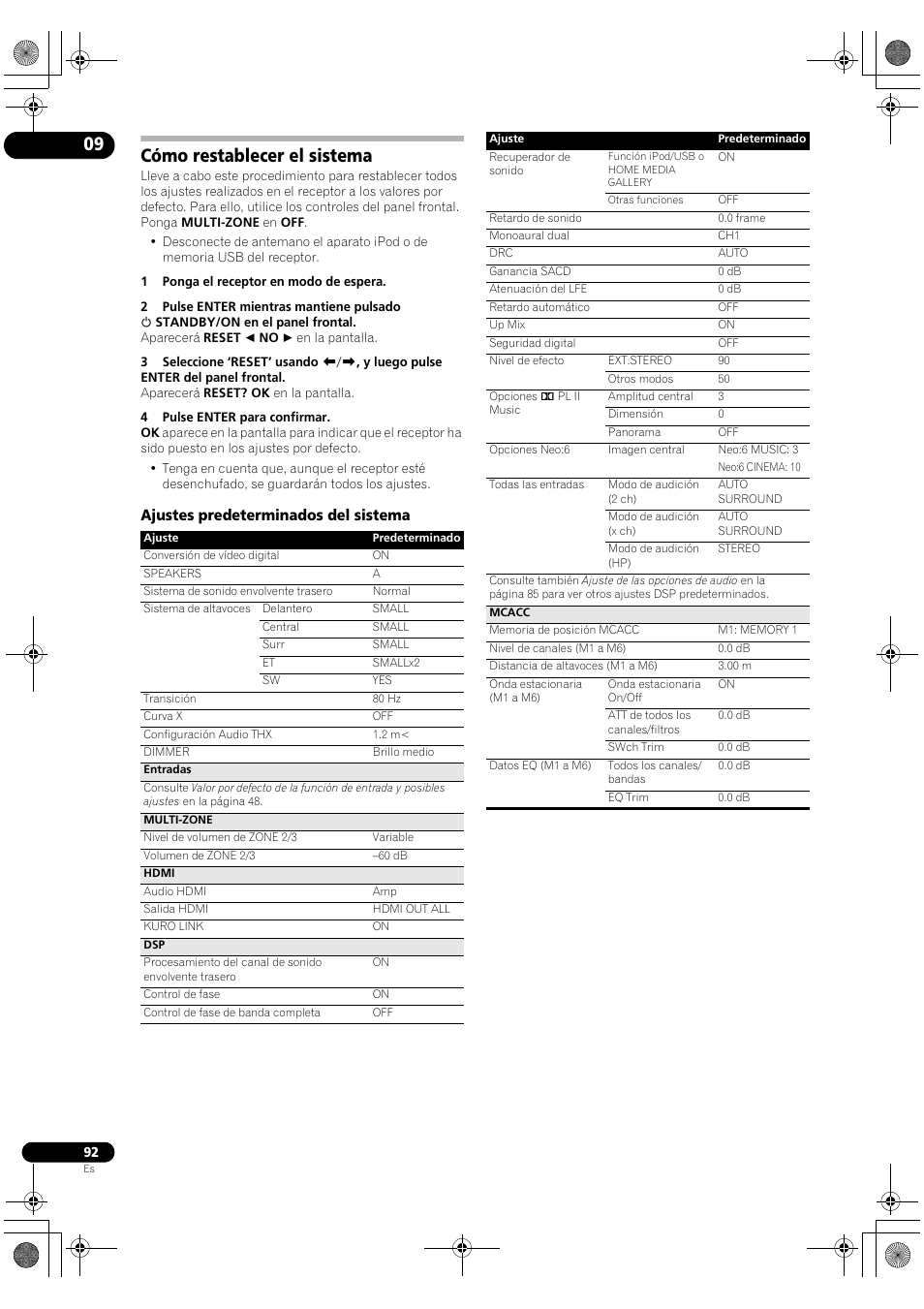 Cómo restablecer el sistema, Ajustes predeterminados del sistema | Pioneer SC-LX72 User Manual | Page 92 / 146