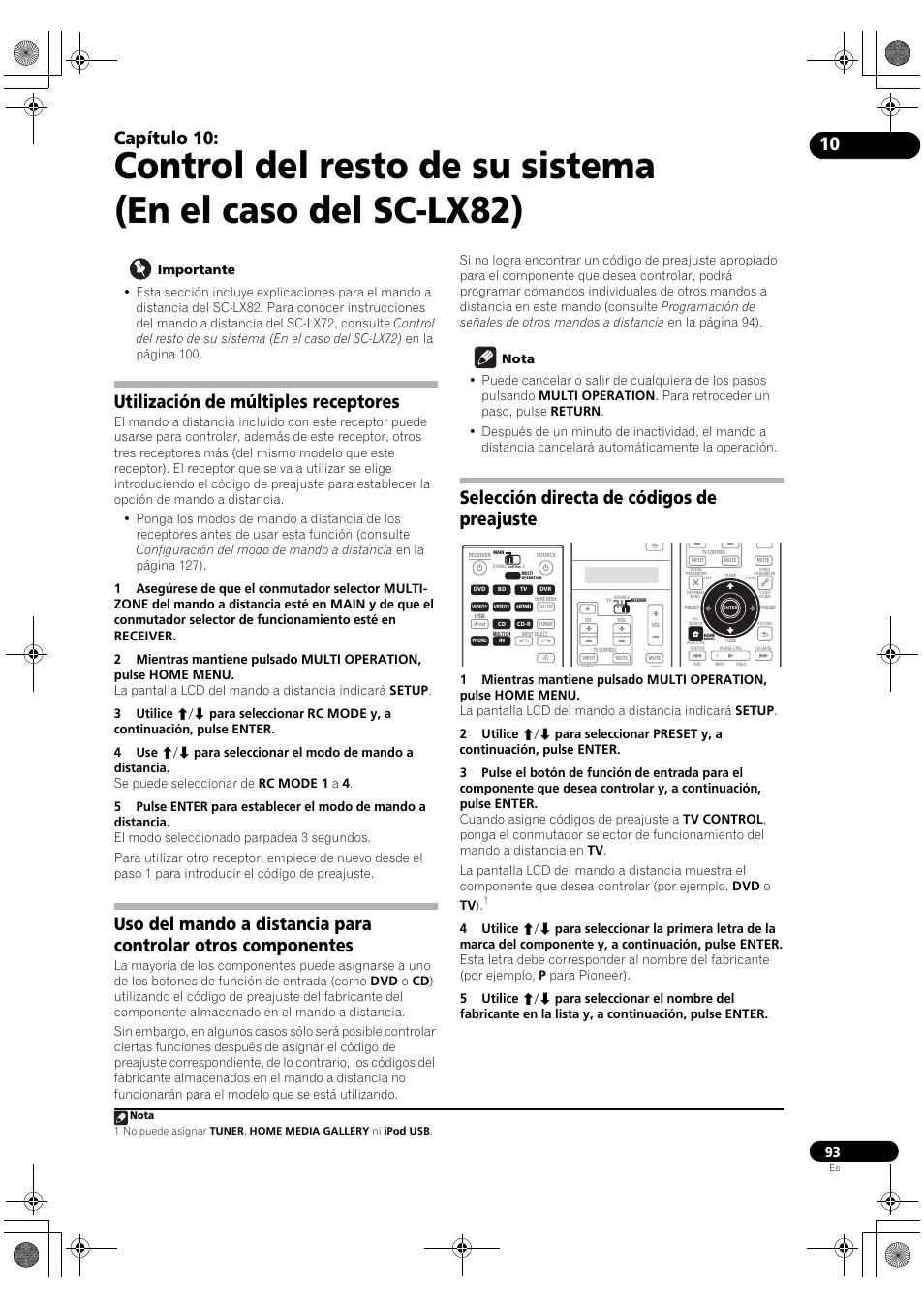 Utilización de múltiples receptores, Selección directa de códigos de preajuste, Capítulo 10 | Pioneer SC-LX72 User Manual | Page 93 / 146