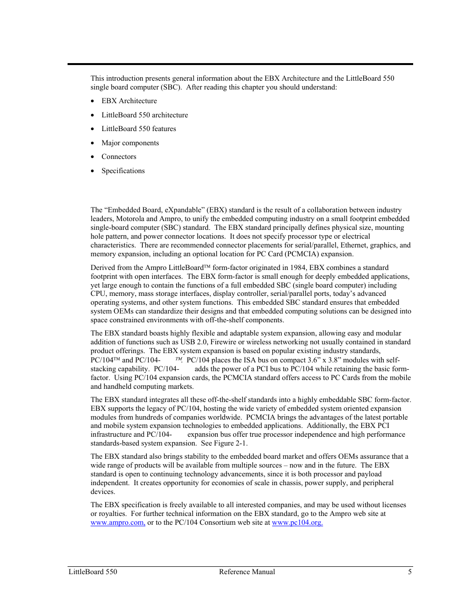Chapter 2 product overview, Ebx architecture, Chapter 2 | Product overview | Ampro Corporation Single Board Computer Littleboard 550 User Manual | Page 11 / 100