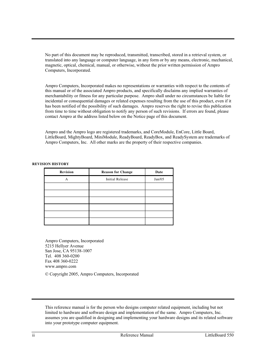 Notice page, Audience assumptions | Ampro Corporation Single Board Computer Littleboard 550 User Manual | Page 2 / 100