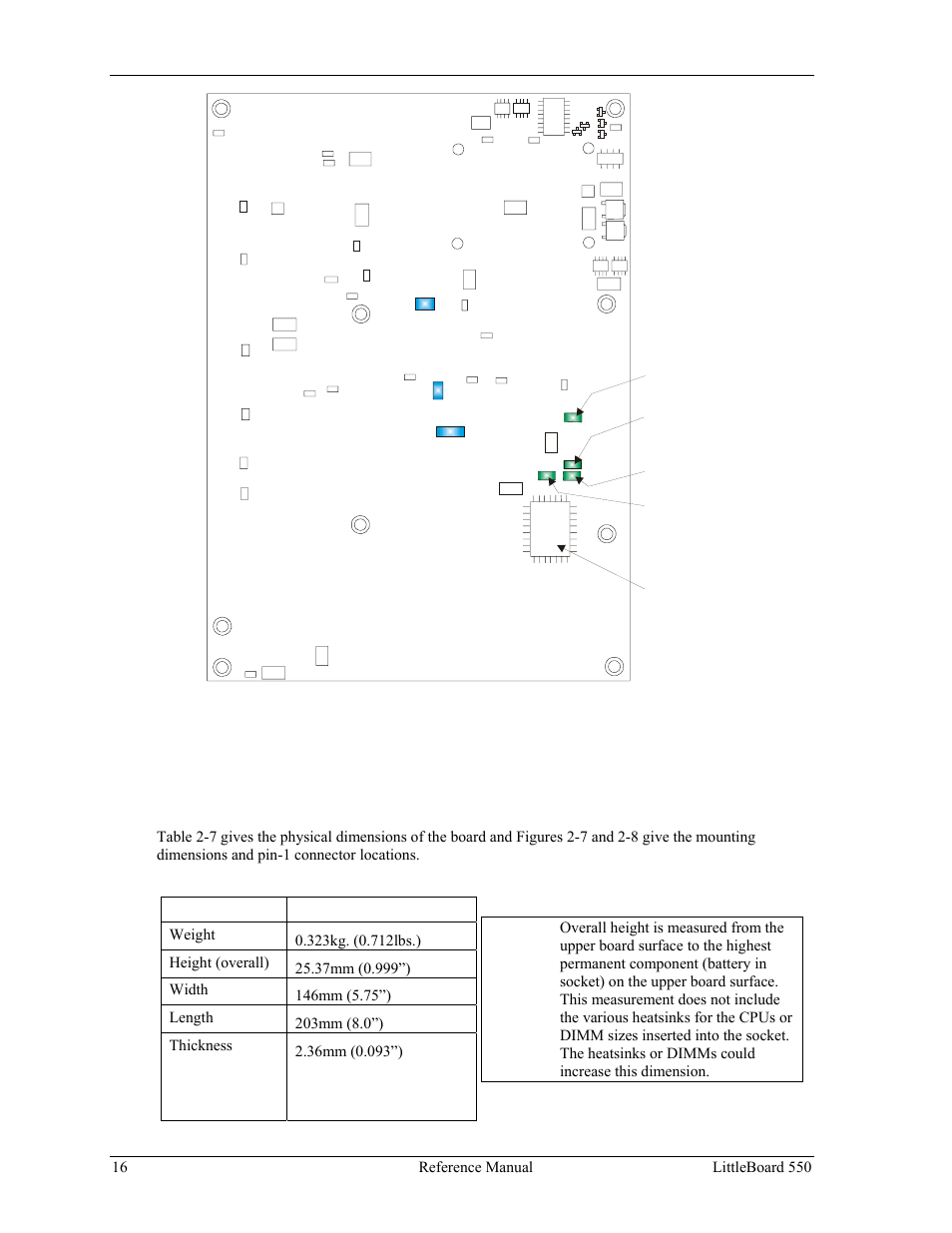 Specifications, Physical specifications, Table 2-7. weight and footprint dimensions | Ampro Corporation Single Board Computer Littleboard 550 User Manual | Page 22 / 100