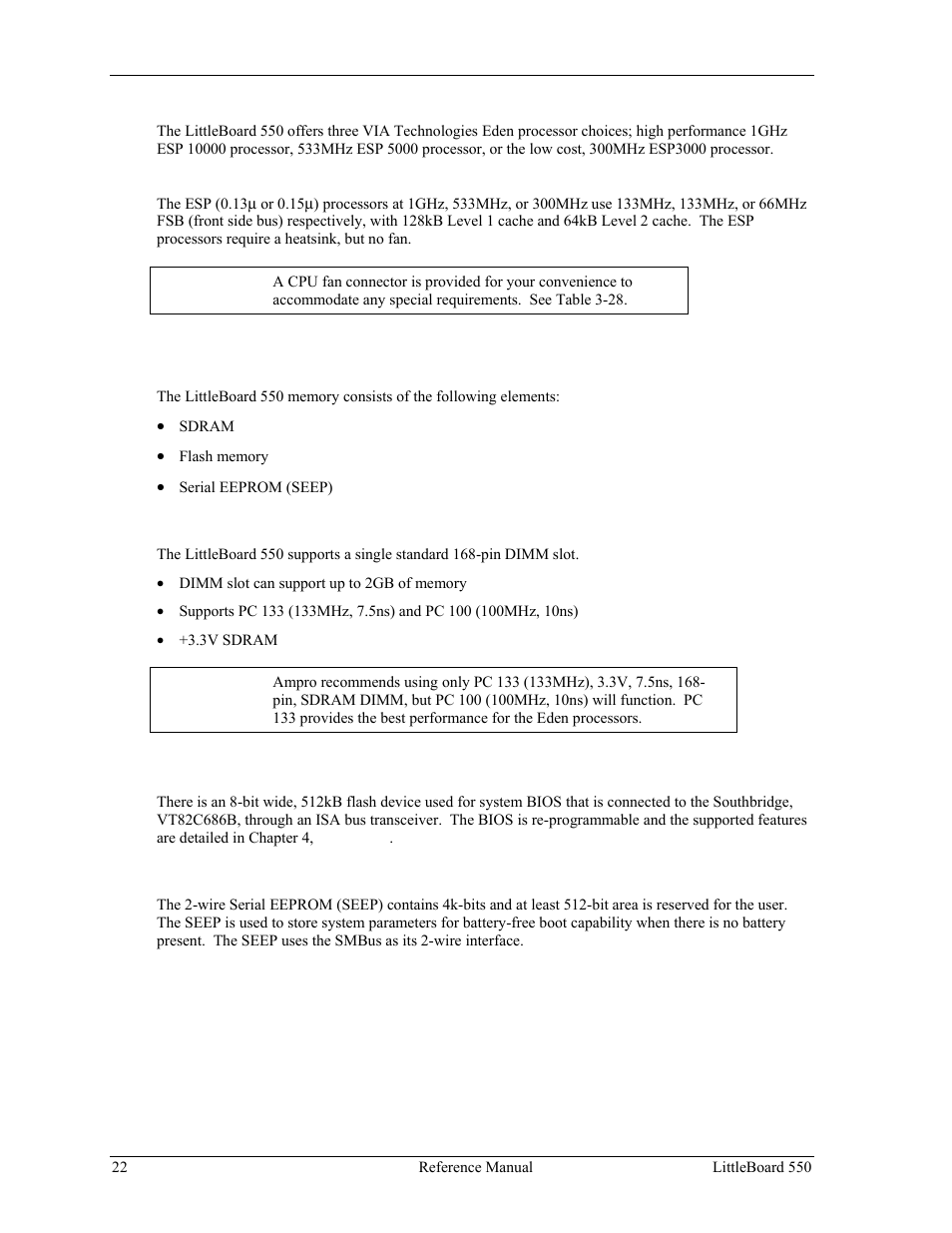 Cpu (u1), Memory, Sdram memory (dimm1) | Flash memory (u17), Serial eeprom (seep) | Ampro Corporation Single Board Computer Littleboard 550 User Manual | Page 28 / 100
