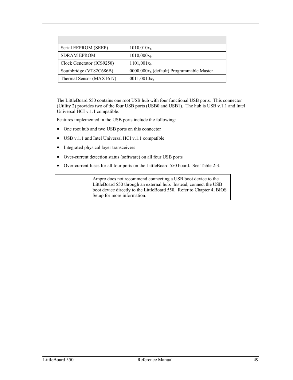 Usb signals (usb0 and usb1), Table 3-17. smbus reserved addresses | Ampro Corporation Single Board Computer Littleboard 550 User Manual | Page 55 / 100